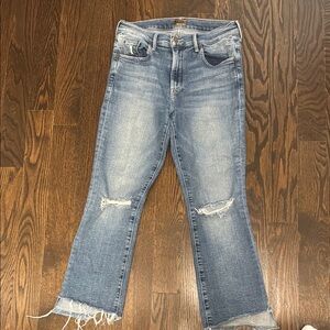 MOTHER Blue Ankle Cropped Distressed Jeans